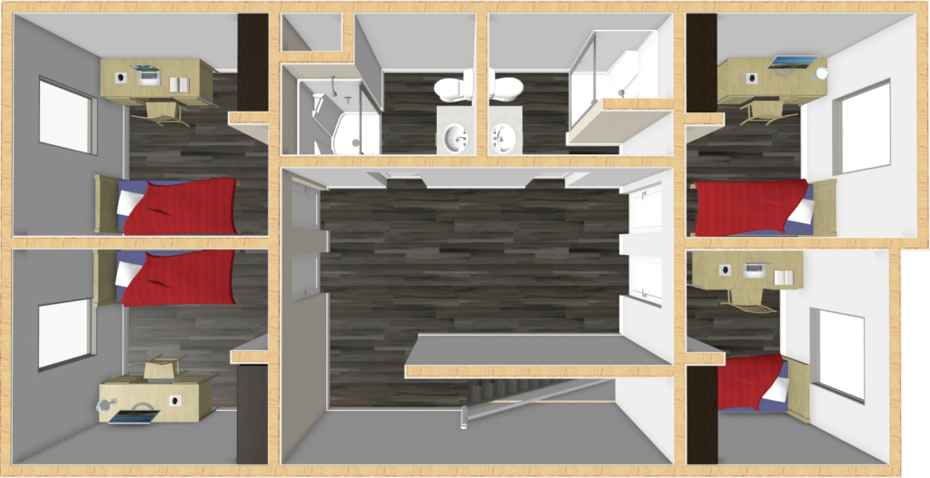 3D floor plan featuring four bedrooms with desks, beds with red blankets, two bathrooms, and a central hallway. The layout includes wooden flooring and white walls, showcasing a compact, organized residential space.